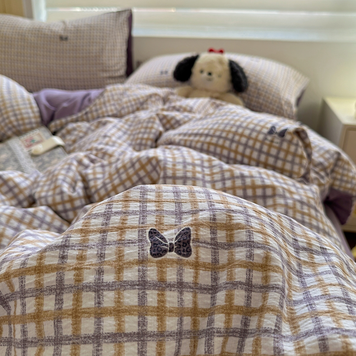 91家纺网 家纺一手货源 找家纺 水墨江南 2025新款云感双层纱印花四件套 可爱蝴蝶结