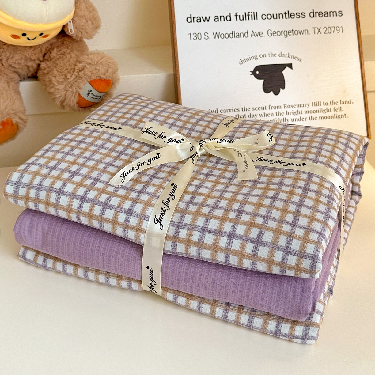 91家纺网 家纺一手货源 找家纺 水墨江南 2025新款云感双层纱印花四件套 可爱蝴蝶结