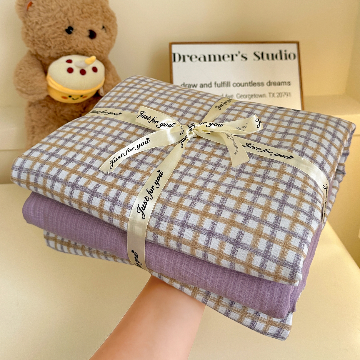 91家纺网 家纺一手货源 找家纺 水墨江南 2025新款云感双层纱印花四件套 可爱蝴蝶结