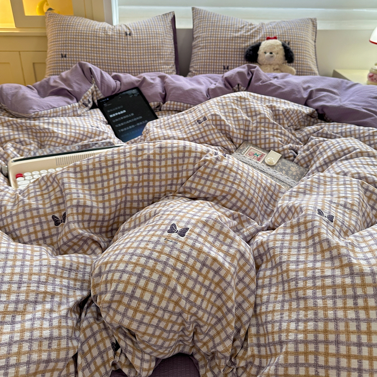 91家纺网 家纺一手货源 找家纺 水墨江南 2025新款云感双层纱印花四件套 可爱蝴蝶结