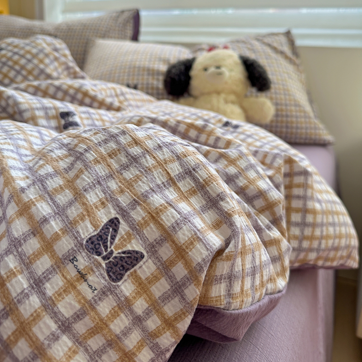 91家纺网 家纺一手货源 找家纺 水墨江南 2025新款云感双层纱印花四件套 可爱蝴蝶结