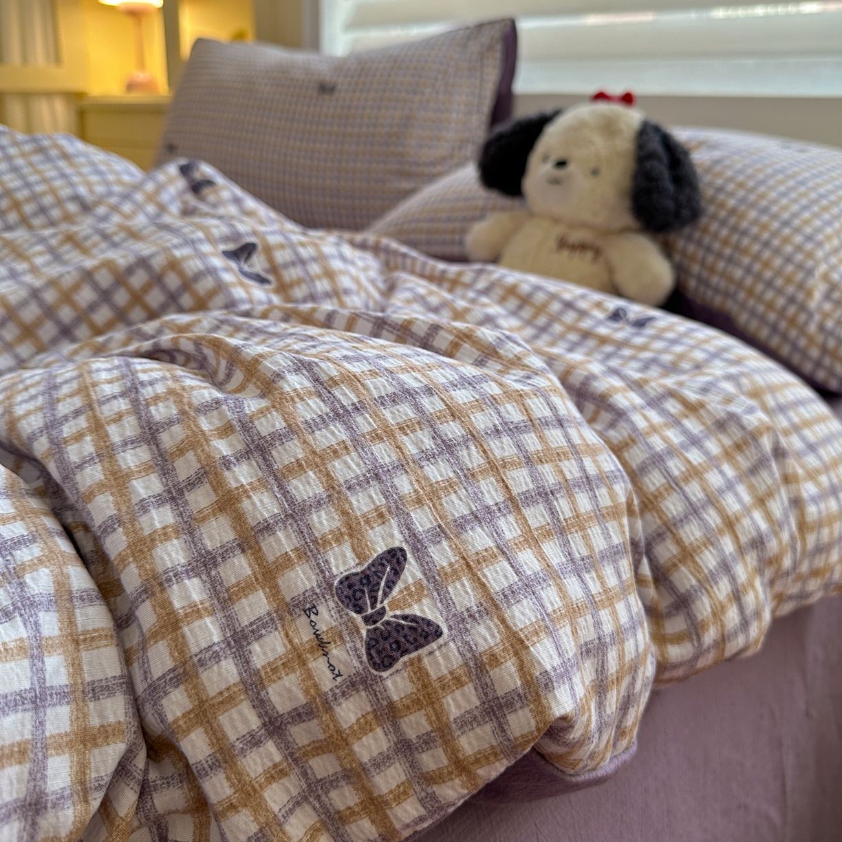 91家纺网 家纺一手货源 找家纺 水墨江南 2025新款云感双层纱印花四件套 可爱蝴蝶结