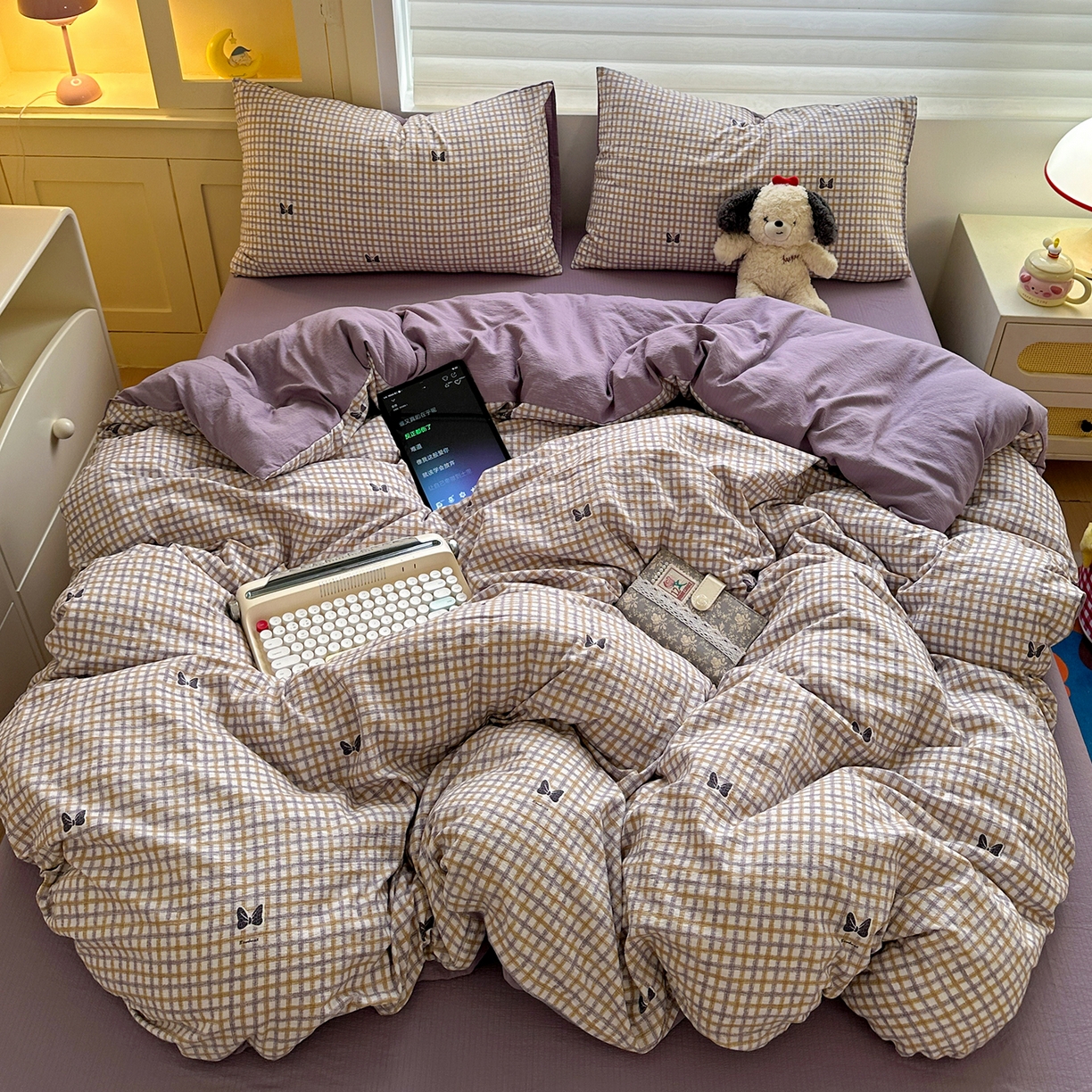 91家纺网 家纺一手货源 找家纺 水墨江南 2025新款云感双层纱印花四件套 可爱蝴蝶结