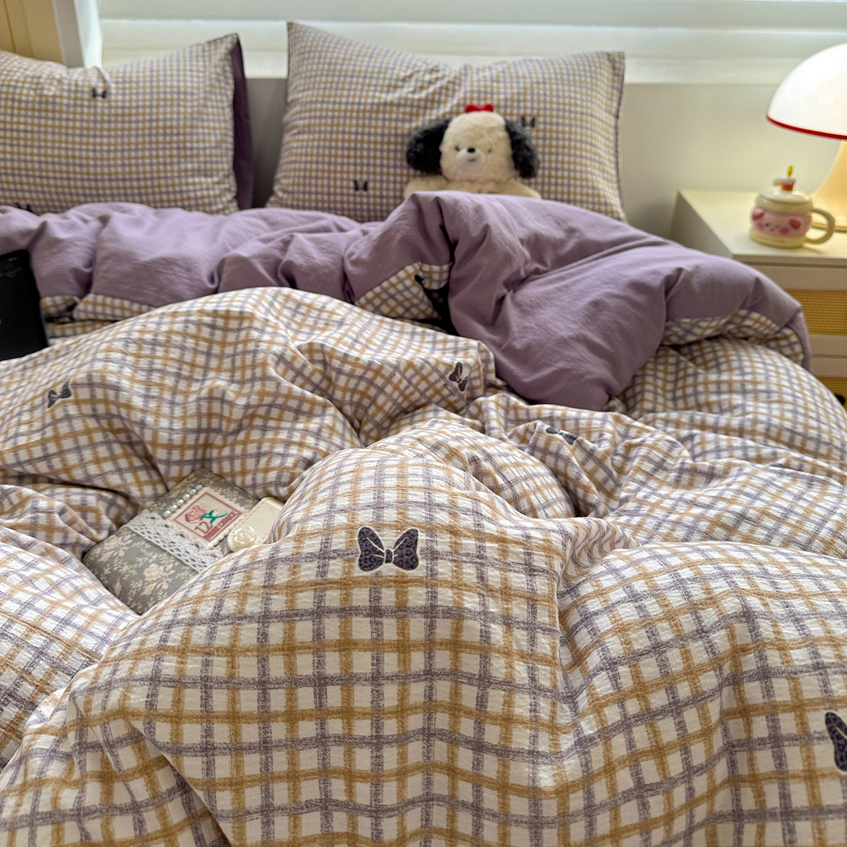 91家纺网 家纺一手货源 找家纺 水墨江南 2025新款云感双层纱印花四件套 可爱蝴蝶结