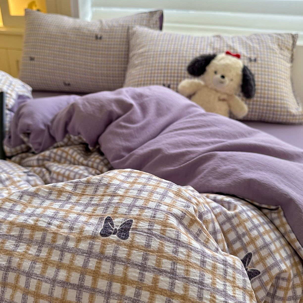 91家纺网 家纺一手货源 找家纺 水墨江南 2025新款云感双层纱印花四件套 可爱蝴蝶结