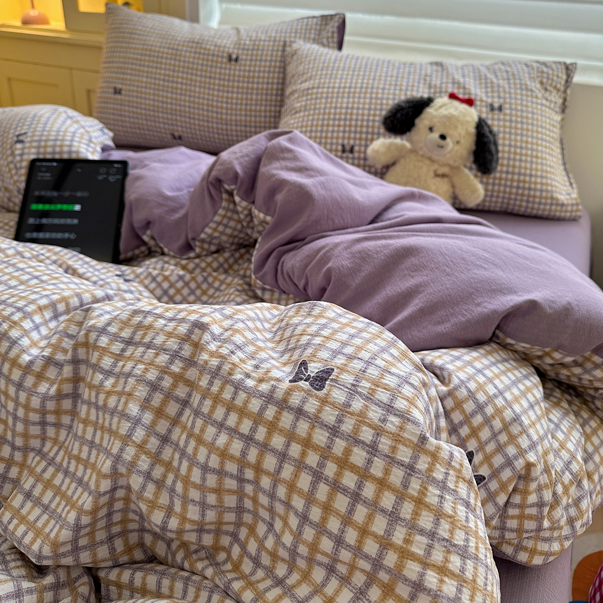 91家纺网 家纺一手货源 找家纺 水墨江南 2025新款云感双层纱印花四件套 可爱蝴蝶结