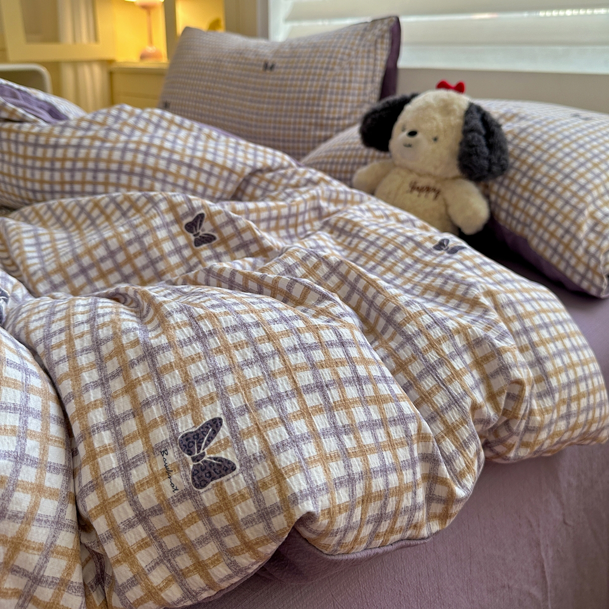 91家纺网 家纺一手货源 找家纺 水墨江南 2025新款云感双层纱印花四件套 可爱蝴蝶结