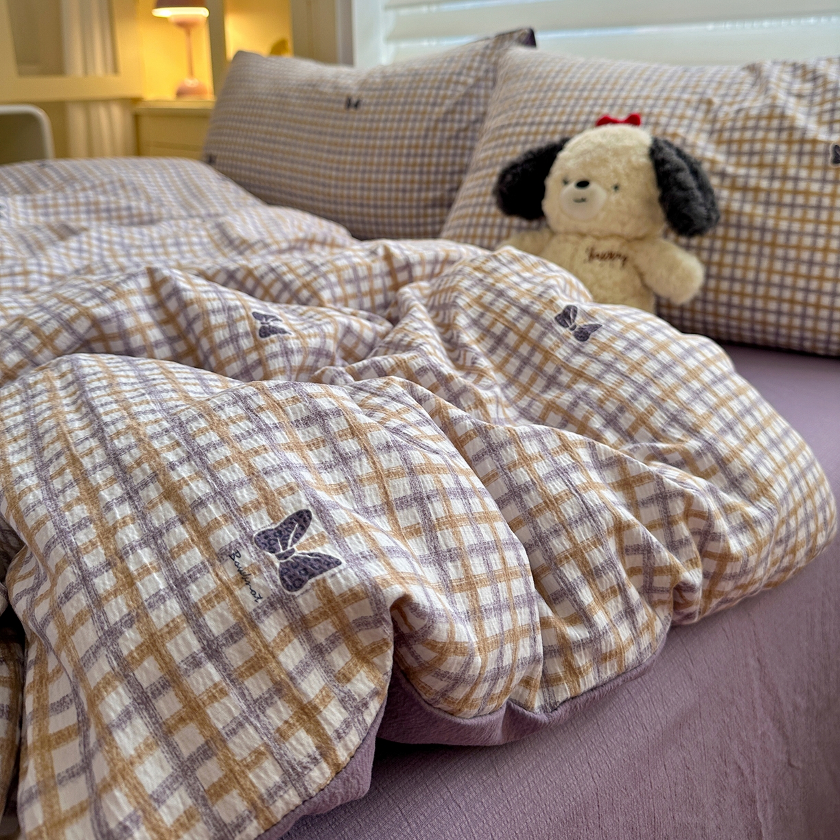 91家纺网 家纺一手货源 找家纺 水墨江南 2025新款云感双层纱印花四件套 可爱蝴蝶结