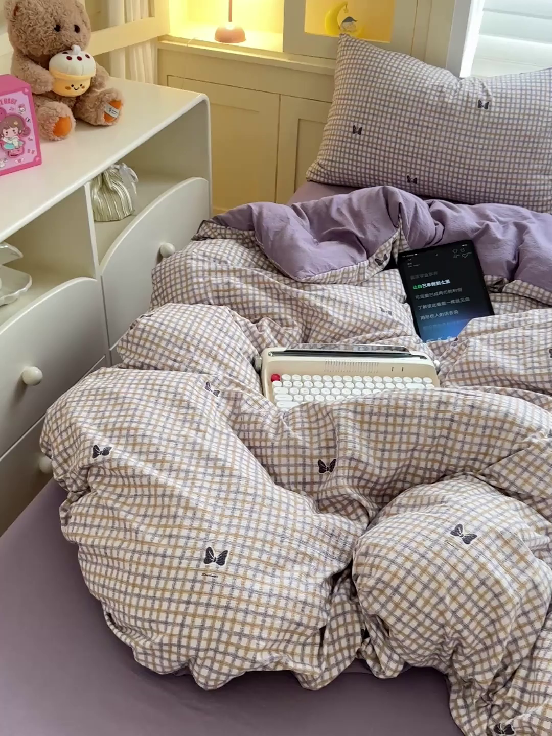 91家纺网 家纺一手货源 找家纺 水墨江南 2025新款云感双层纱印花四件套 可爱蝴蝶结