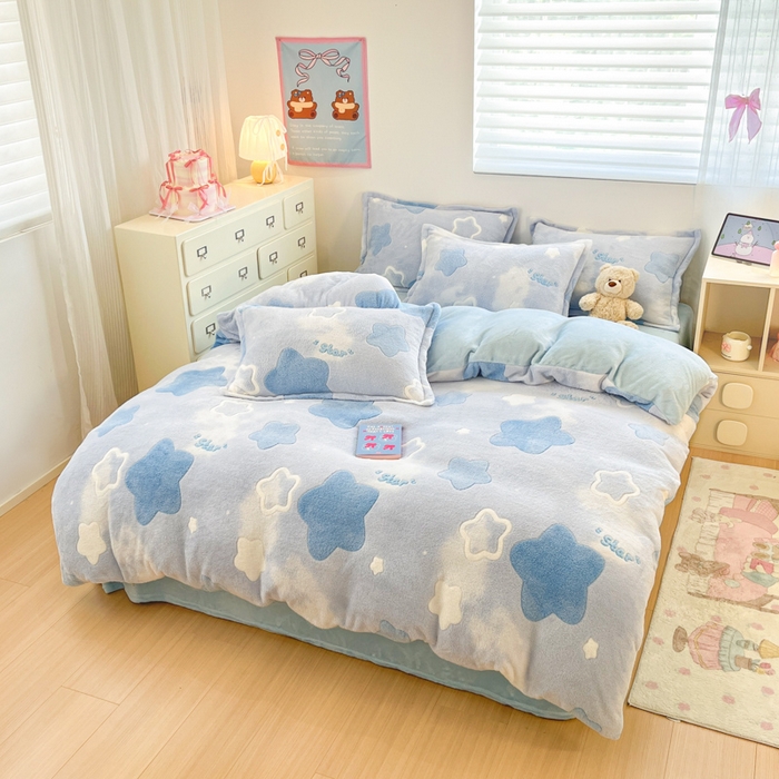 91家纺网 家纺一手货源 找家纺 川悦生活 2025新款立体雪花绒印花大床四件套系列二场景一 叮咚星星