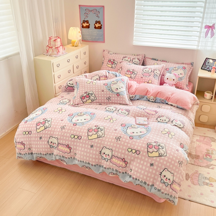 91家纺网 家纺一手货源 找家纺 川悦生活 2025新款立体雪花绒印花大床四件套系列二场景一 开心小喵