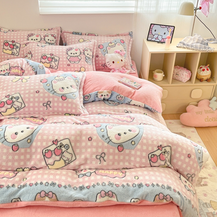 91家纺网 家纺一手货源 找家纺 川悦生活 2025新款立体雪花绒印花大床四件套系列二场景一 开心小喵