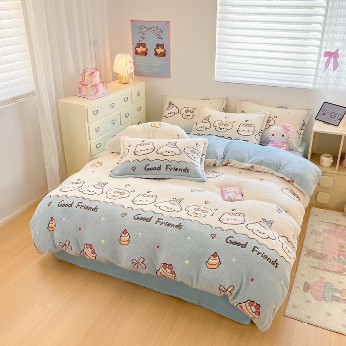 91家纺网 家纺一手货源 找家纺 川悦生活 2025新款立体雪花绒印花大床四件套系列二场景一 快乐派对