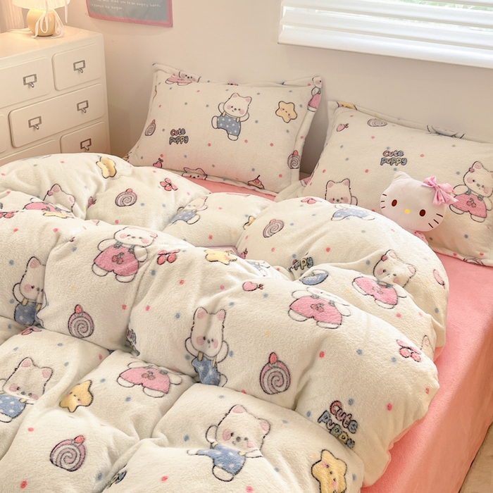 91家纺网 家纺一手货源 找家纺 川悦生活 2025新款立体雪花绒印花大床四件套系列二场景一 派对西高地