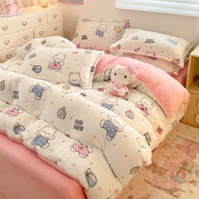 91家纺网 家纺一手货源 找家纺 川悦生活 2025新款立体雪花绒印花大床四件套系列二场景一 派对西高地