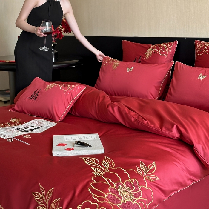 91家纺网 家纺一手货源 找家纺 （总）西西家居 2025新款大红婚庆100支长绒棉纯棉四件套-富贵花开