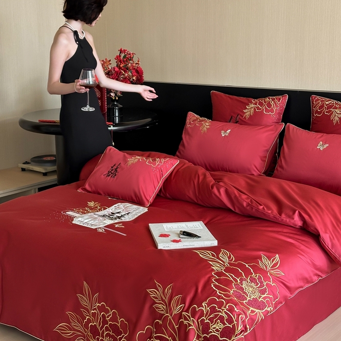 91家纺网 家纺一手货源 找家纺 （总）西西家居 2025新款大红婚庆100支长绒棉纯棉四件套-富贵花开