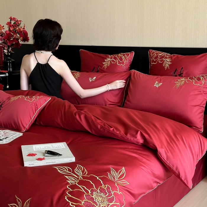 91家纺网 家纺一手货源 找家纺 （总）西西家居 2025新款大红婚庆100支长绒棉纯棉四件套-富贵花开