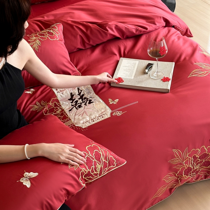 91家纺网 家纺一手货源 找家纺 （总）西西家居 2025新款大红婚庆100支长绒棉纯棉四件套-富贵花开