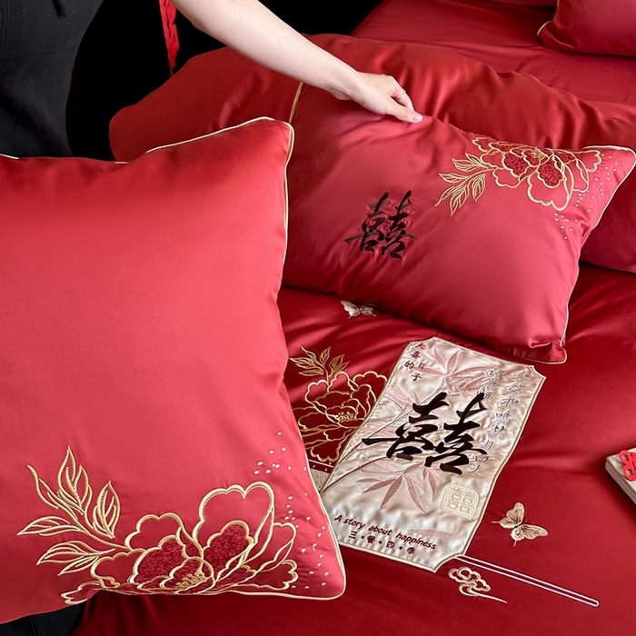 91家纺网 家纺一手货源 找家纺 （总）西西家居 2025新款大红婚庆100支长绒棉纯棉四件套-富贵花开
