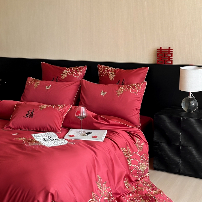 91家纺网 家纺一手货源 找家纺 （总）西西家居 2025新款大红婚庆100支长绒棉纯棉四件套-富贵花开