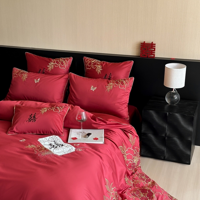 91家纺网 家纺一手货源 找家纺 （总）西西家居 2025新款大红婚庆100支长绒棉纯棉四件套-富贵花开