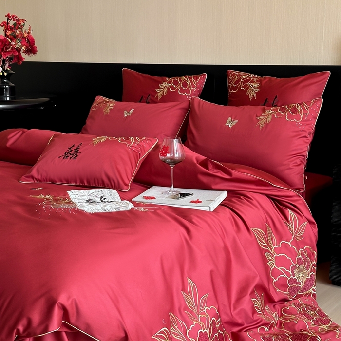 91家纺网 家纺一手货源 找家纺 （总）西西家居 2025新款大红婚庆100支长绒棉纯棉四件套-富贵花开