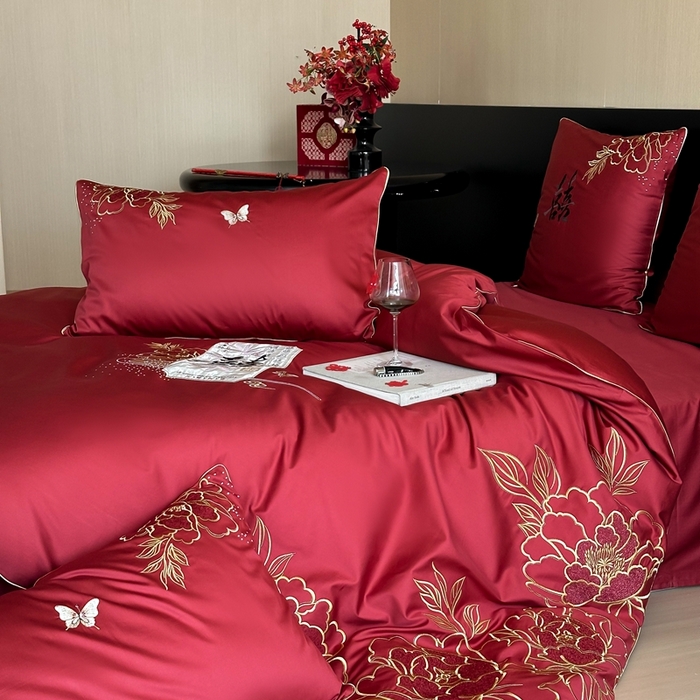 91家纺网 家纺一手货源 找家纺 （总）西西家居 2025新款大红婚庆100支长绒棉纯棉四件套-富贵花开