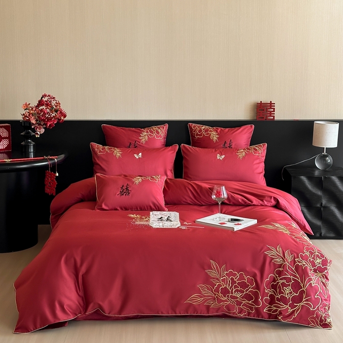 91家纺网 家纺一手货源 找家纺 （总）西西家居 2025新款大红婚庆100支长绒棉纯棉四件套-富贵花开