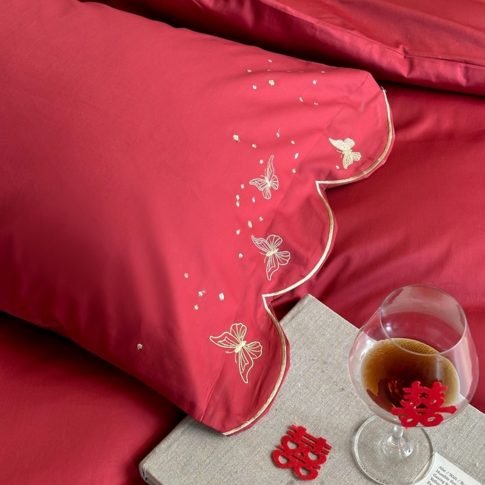 91家纺网 家纺一手货源 找家纺 （总）西西家居 2025新款大红婚庆100支长绒棉纯棉四件套-蝴蝶双禧