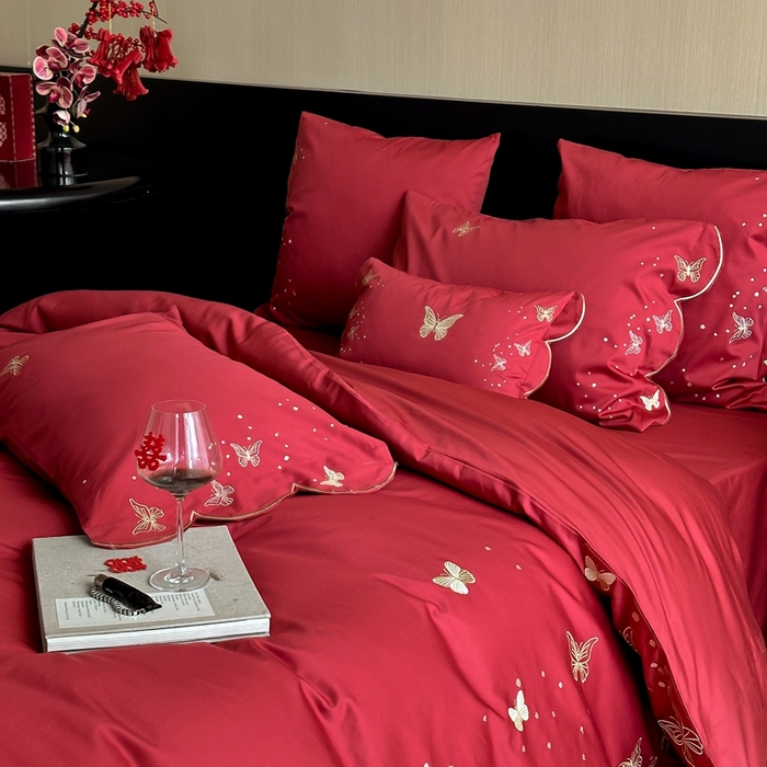 91家纺网 家纺一手货源 找家纺 （总）西西家居 2025新款大红婚庆100支长绒棉纯棉四件套-蝴蝶双禧