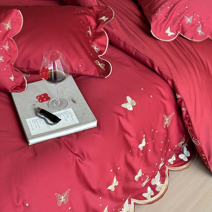 91家纺网 家纺一手货源 找家纺 （总）西西家居 2025新款大红婚庆100支长绒棉纯棉四件套-蝴蝶双禧