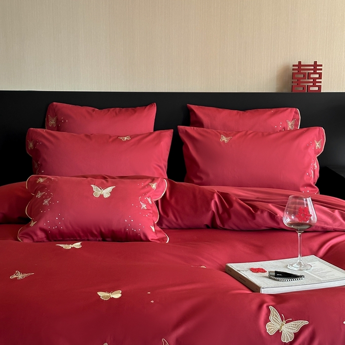 91家纺网 家纺一手货源 找家纺 （总）西西家居 2025新款大红婚庆100支长绒棉纯棉四件套-蝴蝶双禧