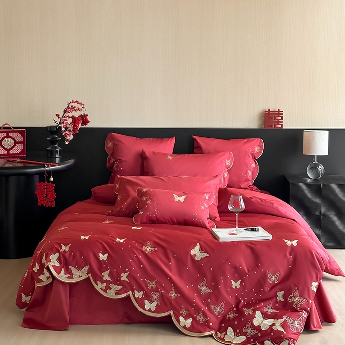 91家纺网 家纺一手货源 找家纺 （总）西西家居 2025新款大红婚庆100支长绒棉纯棉四件套-蝴蝶双禧