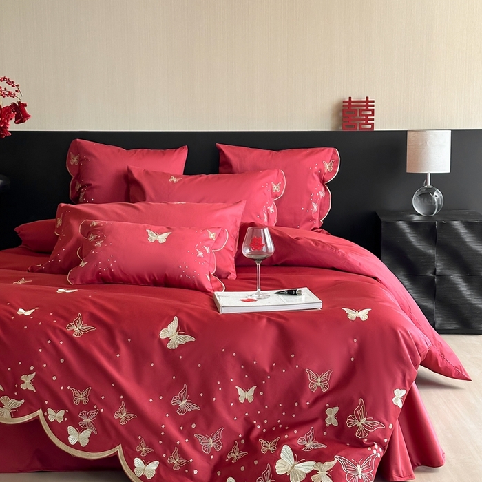 91家纺网 家纺一手货源 找家纺 （总）西西家居 2025新款大红婚庆100支长绒棉纯棉四件套-蝴蝶双禧