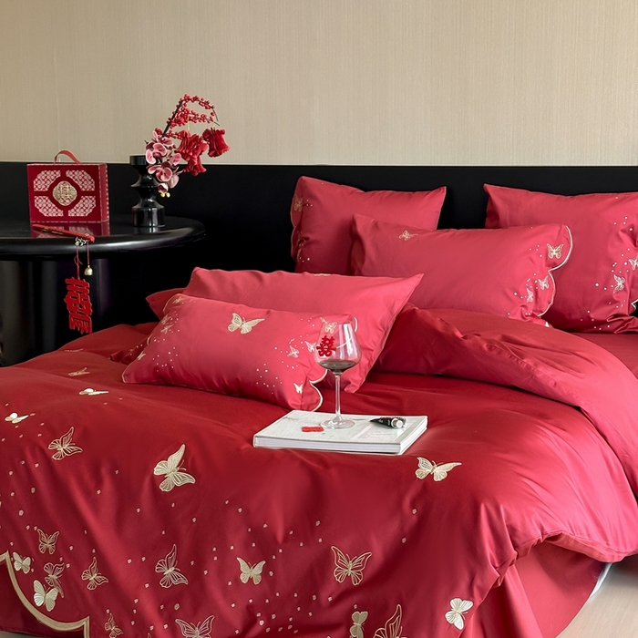 91家纺网 家纺一手货源 找家纺 （总）西西家居 2025新款大红婚庆100支长绒棉纯棉四件套-蝴蝶双禧