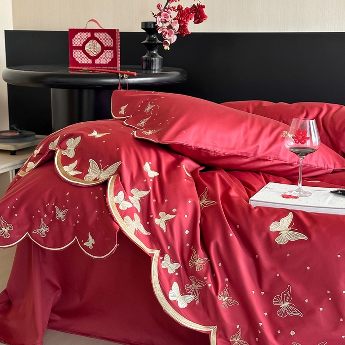 91家纺网 家纺一手货源 找家纺 （总）西西家居 2025新款大红婚庆100支长绒棉纯棉四件套-蝴蝶双禧