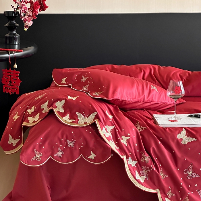 91家纺网 家纺一手货源 找家纺 （总）西西家居 2025新款大红婚庆100支长绒棉纯棉四件套-蝴蝶双禧