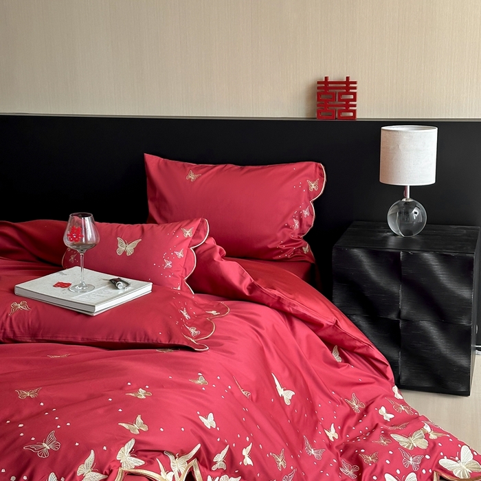 91家纺网 家纺一手货源 找家纺 （总）西西家居 2025新款大红婚庆100支长绒棉纯棉四件套-蝴蝶双禧