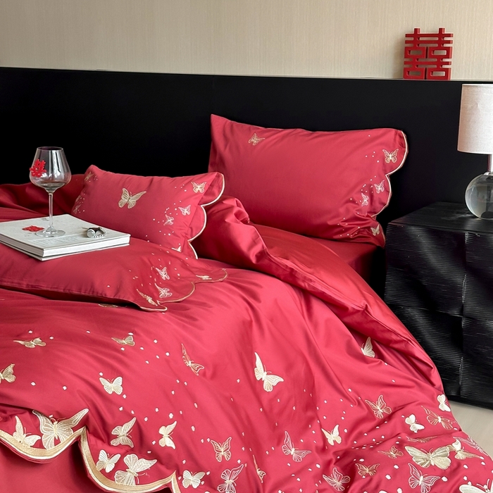 91家纺网 家纺一手货源 找家纺 （总）西西家居 2025新款大红婚庆100支长绒棉纯棉四件套-蝴蝶双禧