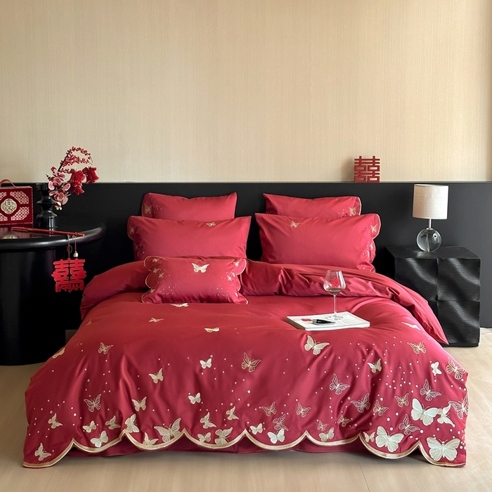 91家纺网 家纺一手货源 找家纺 （总）西西家居 2025新款大红婚庆100支长绒棉纯棉四件套-蝴蝶双禧