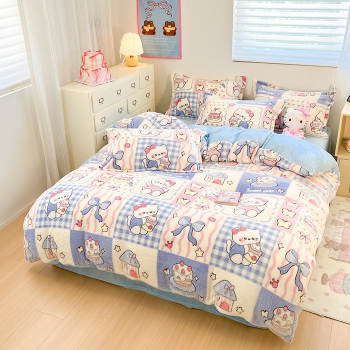 91家纺网 家纺一手货源 找家纺 川悦生活 2025新款立体雪花绒印花大床四件套系列二场景一 小喵甜心