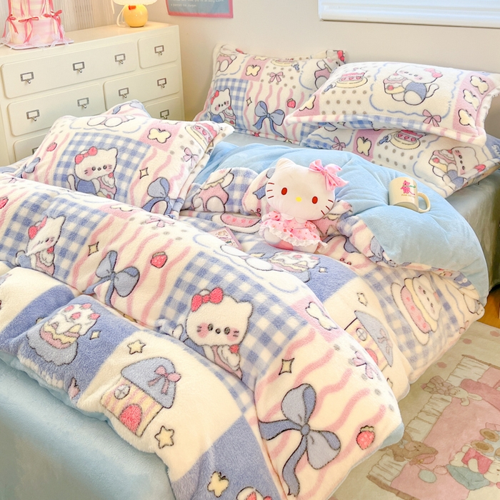 91家纺网 家纺一手货源 找家纺 川悦生活 2025新款立体雪花绒印花大床四件套系列二场景一 小喵甜心