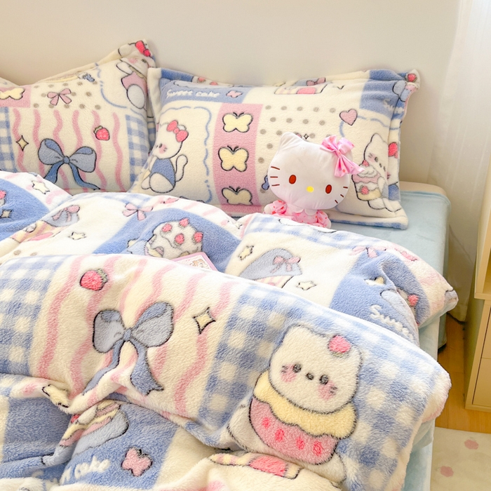 91家纺网 家纺一手货源 找家纺 川悦生活 2025新款立体雪花绒印花大床四件套系列二场景一 小喵甜心