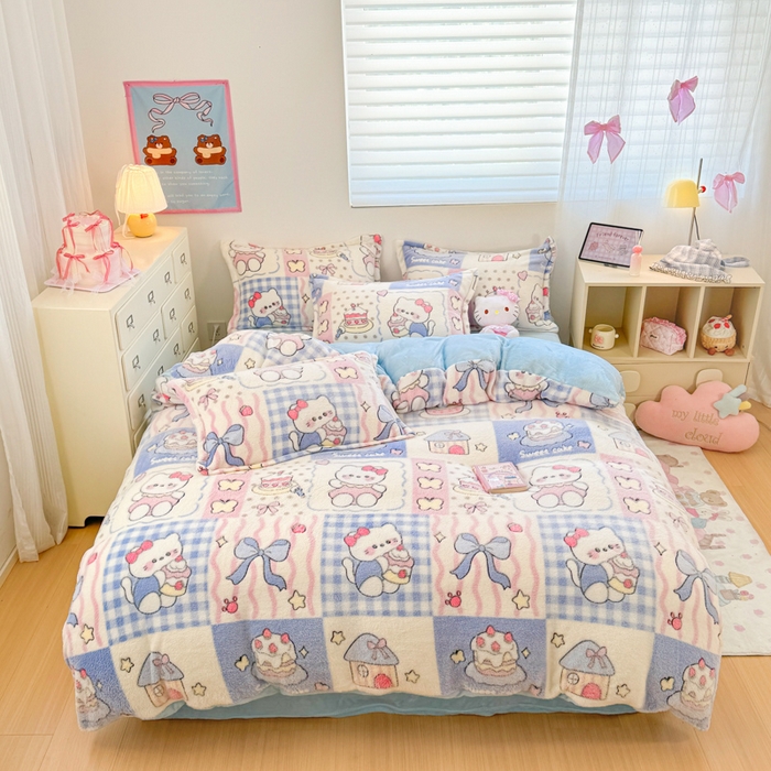 91家纺网 家纺一手货源 找家纺 川悦生活 2025新款立体雪花绒印花大床四件套系列二场景一 小喵甜心