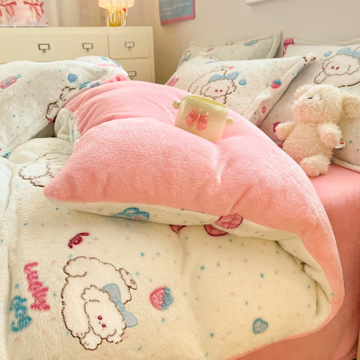 91家纺网 家纺一手货源 找家纺 川悦生活 2025新款立体雪花绒印花大床四件套系列二场景一 幸福奶旺