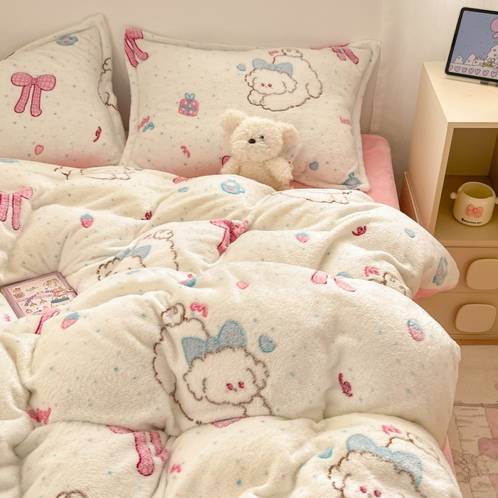 91家纺网 家纺一手货源 找家纺 川悦生活 2025新款立体雪花绒印花大床四件套系列二场景一 幸福奶旺