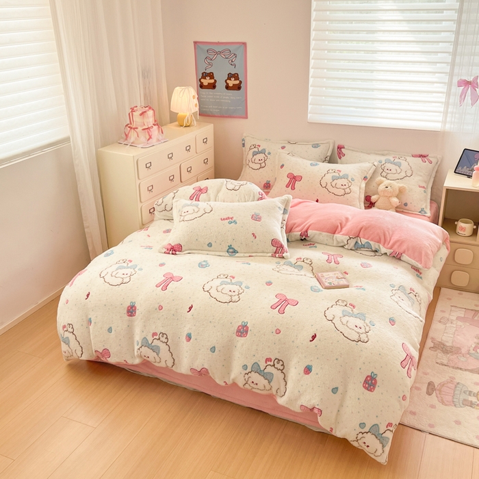 91家纺网 家纺一手货源 找家纺 川悦生活 2025新款立体雪花绒印花大床四件套系列二场景一 幸福奶旺