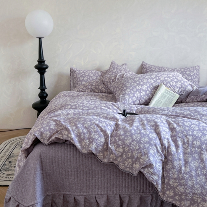 91家纺网 家纺一手货源 找家纺 美梦家纺 2025新款高克重加厚亚麻皱皱纱床盖四件套系列（提供买家秀) 紫妍