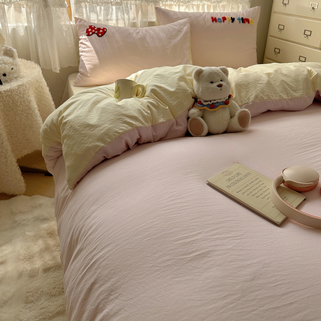 91家纺网 家纺一手货源 找家纺 盼季家纺 2025年A类毛巾绣水洗棉床上用品四件套学生宿舍床单被套三件套（含买家秀） 毛巾绣-小兔蝴蝶结